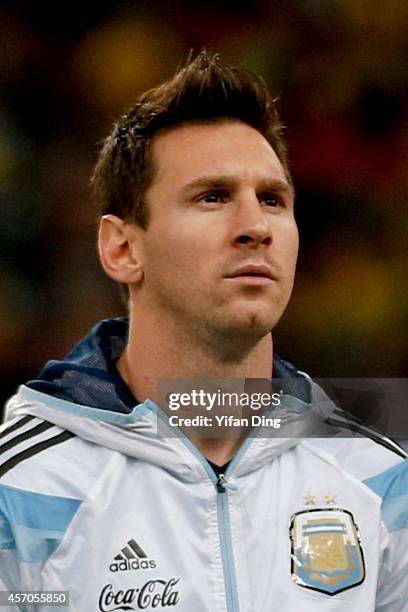 Lionel Messi of Argentina lines up prior a match between Argentina and Brazil as part of 2014 Superclasico de las Americas at Bird Nest Stadium on...