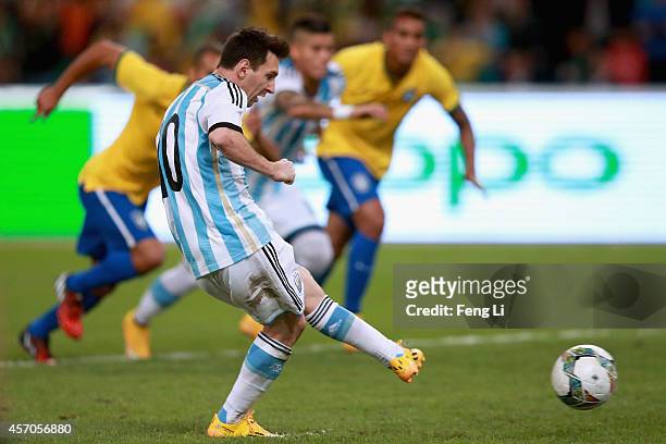 Lionel Messi of Argentina competes the ball during Super Clasico de las Americas between Argentina and Brazil at Beijing National Stadium on October...