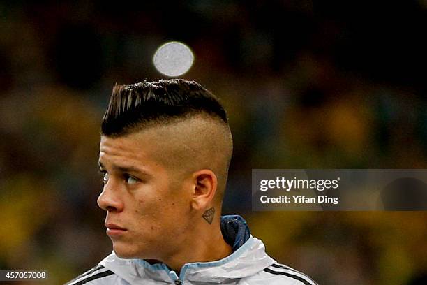 Marcos Rojo of Argentina lines up prior a match between Argentina and Brazil as part of 2014 Superclasico de las Americas at Bird Nest Stadium on...