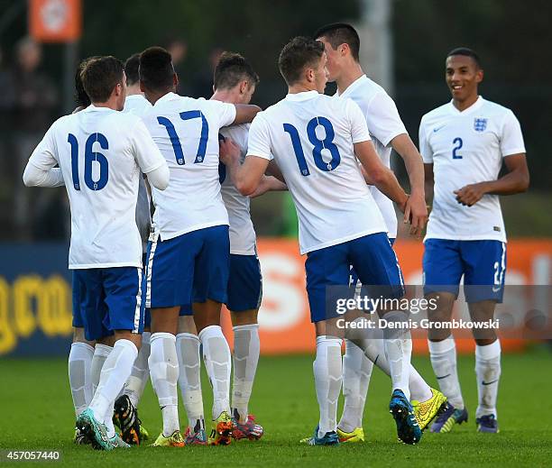 Chris Long of England celebrates as he scores the first goal during the International Under 20 Tournament match between U20 Netherlands and U20...