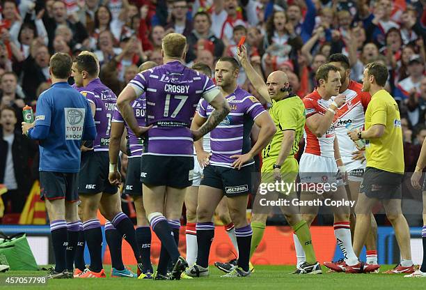 Refeere Phil Bentham sending off Ben Flower of Wigan Warriors during the First Utility Super League Grand Final between St Helens and Wigan Warriors...