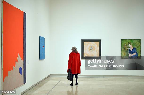 Woman visits the exhibition "Anni 70 Arte a Roma" during a press preview at the Palazzo delle Esposizioni on December 16, 2013 in Rome. Almost two...