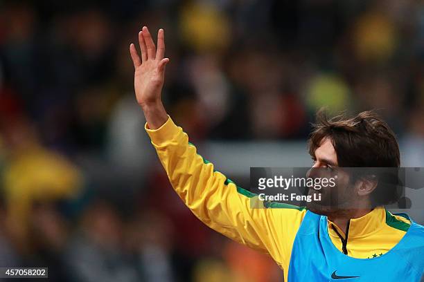 Kaka of Brazil waves to fans during Super Clasico de las Americas between Argentina and Brazil at Beijing National Stadium on October 11, 2014 in...