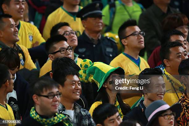 Fans of Brazil react during Super Clasico de las Americas between Argentina and Brazil at Beijing National Stadium on October 11, 2014 in Beijing,...