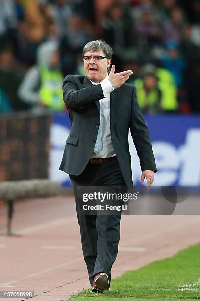 Gerardo Martino, head coach of Argentina reacts during Super Clasico de las Americas between Argentina and Brazil at Beijing National Stadium on...