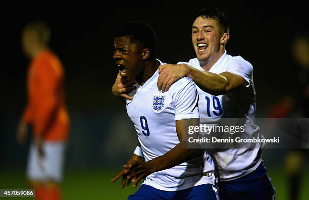 Chuba Akpom of England celebrates as he scores the winning goal during the International Under 20 Tournament match between U20 Netherlands and U20...