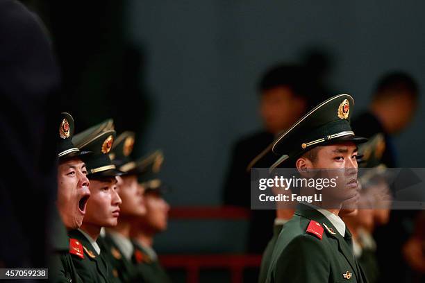 Chinese policemen guard during Super Clasico de las Americas between Argentina and Brazil at Beijing National Stadium on October 11, 2014 in Beijing,...