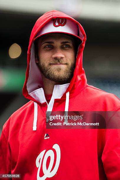 Bryce Harper of the Washington Nationals looks on prior to Game Two of the National League Division Series against the San Francisco Giants at...