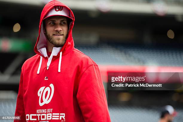 Bryce Harper of the Washington Nationals looks on prior to Game Two of the National League Division Series against the San Francisco Giants at...