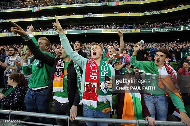 Republic of Ireland fans celebrate as their team win 7-0 during a UEFA 2016 European Championship qualifing football match between the Republic of...