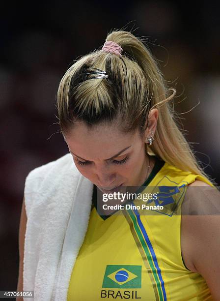 Thaisa Menezes of Btazil shows his dejection during the FIVB Women's World Championship semi-final match between USA and Brazil on October 11, 2014...