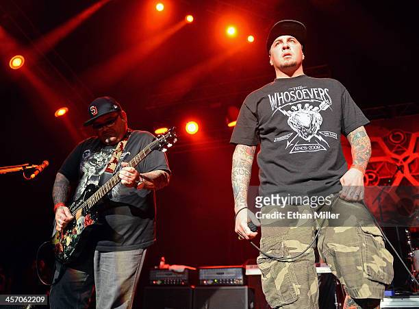 Guitarist Marcos Curiel and singer Sonny Sandoval of P.O.D. Perform during KOMP'S Totally Politically Correct Holiday Bash at The Joint inside the...