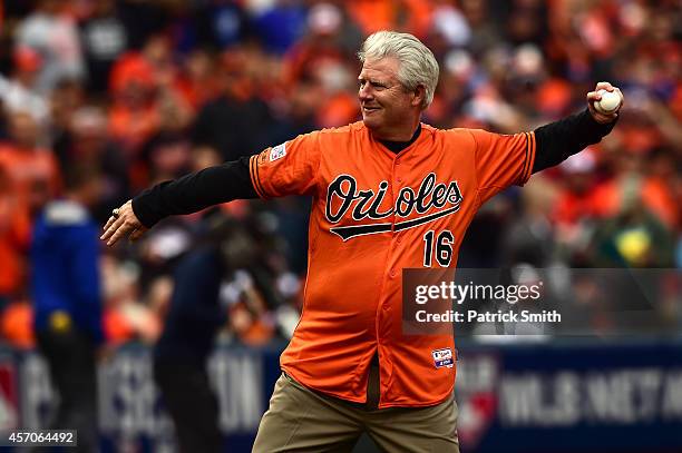 Former pitcher for the Baltimore Orioles Scott McGregor throws out the first pitch prior to Game Two of the American League Championship Series...