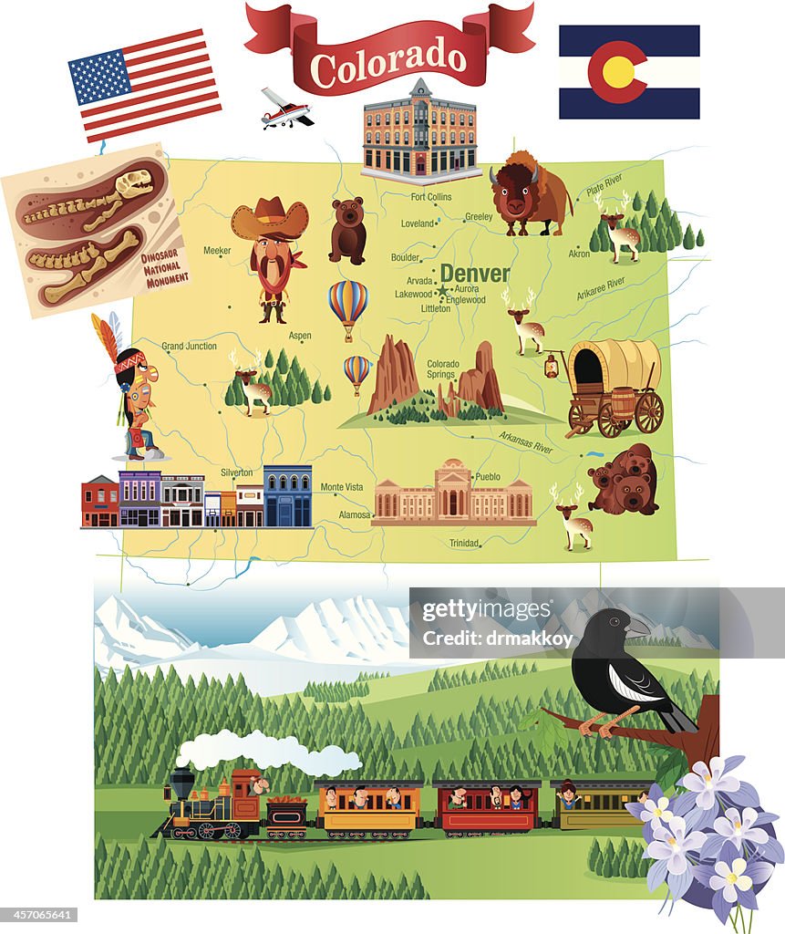Cartoon map of Colorado with details about the state