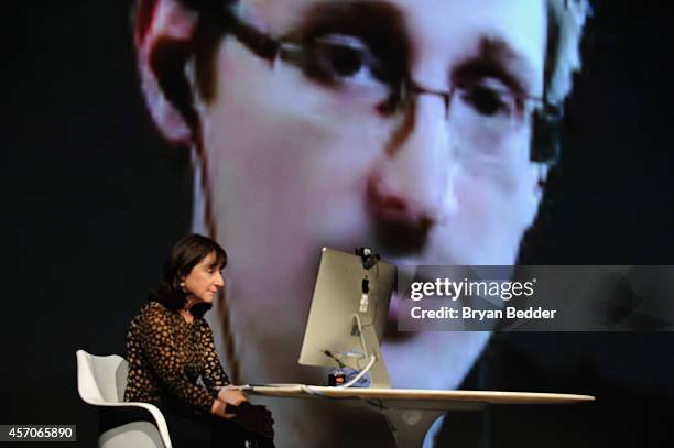 General view of atmosphere at Edward Snowden Interviewed by Jane Mayer at the MasterCard stage at SVA Theatre during The New Yorker Festival 2014 on...