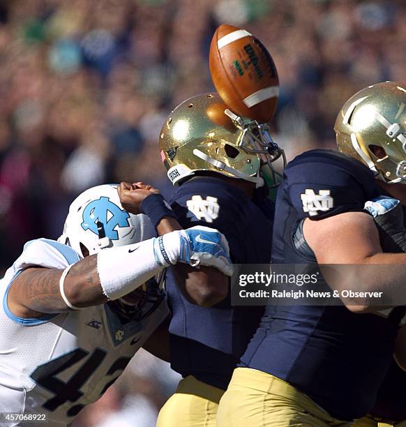 S Jessie Rogers forces Notre Dame quarterback Everett Golson to fumble in the first quarter, leading to UNC's first touchdown, on Saturday, Oct. 11...