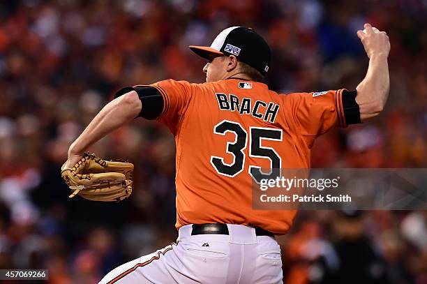 Brad Brach of the Baltimore Orioles throws a pitch in the fifth inning against the Kansas City Royals during Game Two of the American League...