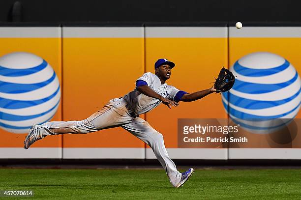 Lorenzo Cain of the Kansas City Royals catches a pop up fly to center field hit by J.J. Hardy of the Baltimore Orioles in the sixth inning during...