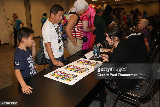 Melanie Lynskey attends the Cartoon Network Super Panel: CN Anything autograph signing at New York Comic Con 2014 at Jacob Javitz Center on October...