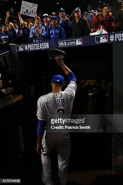Alcides Escobar of the Kansas City Royals exits the field after defeating the Baltimore Orioles 6 to 4 in Game Two of the American League...