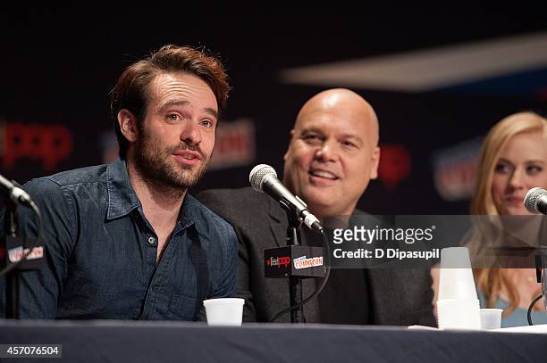 Charlie Cox, Vincent D'Onofrio, and Deborah Ann Woll attend the Netflix Original Series "Marvel's Daredevil" New York Comic-Con Panel & Cast Signing...