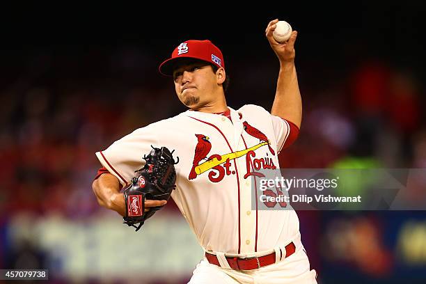 Marco Gonzales of the St. Louis Cardinals pitches in the fifth inning against the San Francisco Giants during Game One of the National League...