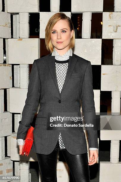 Actress Evan Rachel Wood, wearing Early Fall 2014 Dark Grey Light Worsted Wool Suit Jacket, Nero Metallic Yarn Sweater, Bianco Nero Cotton Stripe...