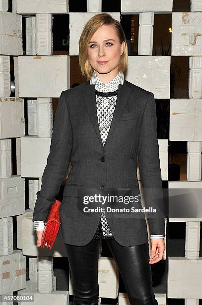 Actress Evan Rachel Wood, wearing Early Fall 2014 Dark Grey Light Worsted Wool Suit Jacket, Nero Metallic Yarn Sweater, Bianco Nero Cotton Stripe...