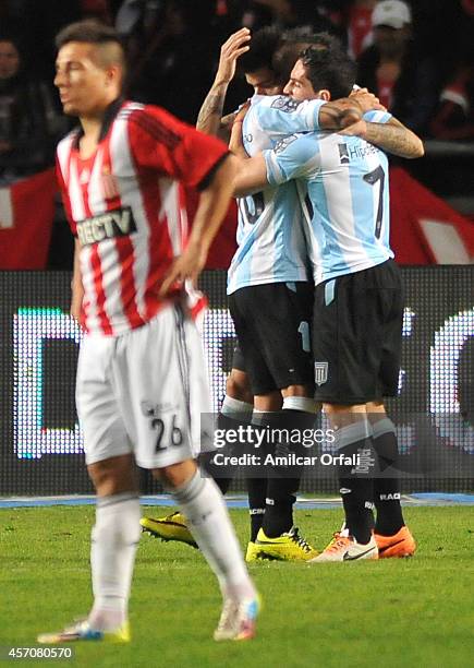 Gustavo Bou of Racing Club celebrates his second goal and third of his team during a match between Estudiantes and Racing Club as part of Torneo de...