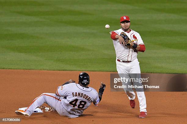 Pablo Sandoval of the San Francisco Giants is out at second base by Jhonny Peralta of the St. Louis Cardinals in the fifth inning during Game One of...