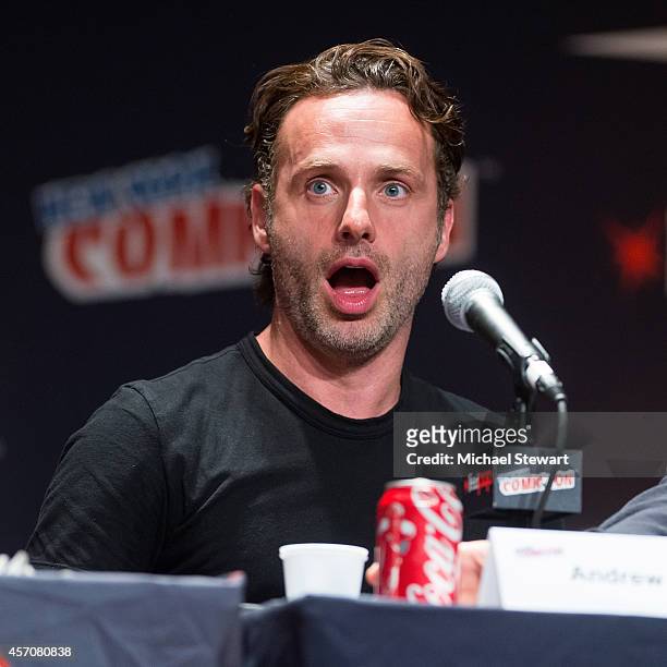 Actor Andrew Lincoln attends AMC's 'The Walking Dead' panel at 2014 New York Comic Con Day 3 at Jacob Javitz Center on October 11, 2014 in New York...
