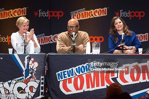 Actors Denise Crosby, Michael Dorn and Marina Sirtis attend the Patrick Stewart Spotlight panel at 2014 New York Comic Con Day 3 at Jacob Javitz...