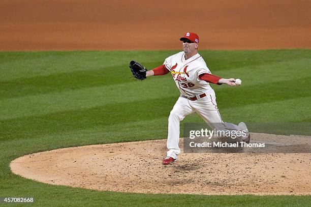Randy Choate of the St. Louis Cardinals pitches in the seventh inning against the San Francisco Giants during Game One of the National League...
