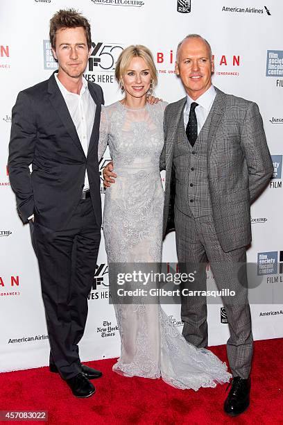 Actors Edward Norton, Naomi Watts and Michael Keaton attend the Closing Night Gala Presentation Of "Birdman Or The Unexpected Virtue Of Ignorance"...