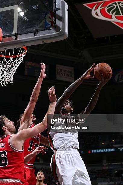 Larry Sanders of the Milwaukee Bucks goes for the layup against the Chicago Bulls during the game on October 11, 2014 at BMO Harris Bradley Center,...