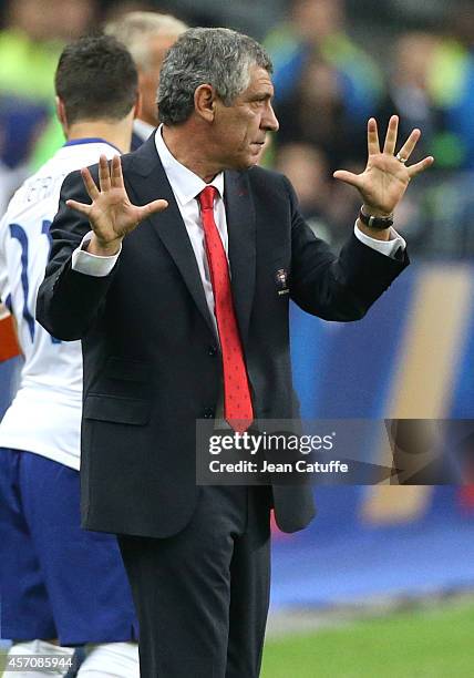 Head coach of Portugal Fernando Santos reacts during the international friendly match between France and Portugal at Stade de France on October 11,...