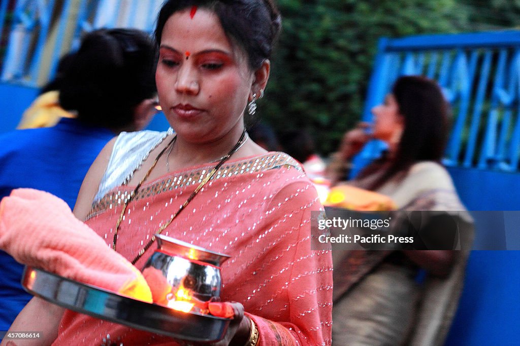 Indian hindu women celebrate the "Karva Chauth Festival". A...