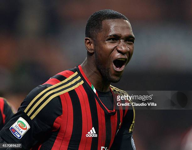 Cristian Zapata of AC Milan celebrates scoring the first goal during the Serie A match between AC Milan and AS Roma at San Siro Stadium on December...