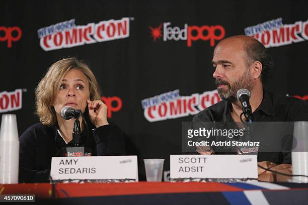 Amy Sedaris and Scott Adsit speaks at The Adult Swim The Heart, She Holler panel during Adult Swim At New York Comic Con 2014 at Jacob Javitz Center...