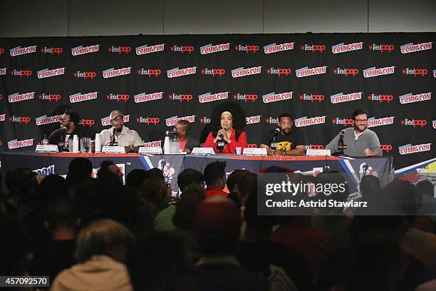 Carl Jones, Michael Jai White, Tommy Davidson, Kym Whitley, Byron Minns and Scott Fuselier speaks at The Adult Swim Black Dynamite panel during Adult...