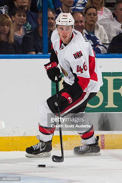 Patrick Wiercioch of the Ottawa Senators carries the puck against the Tampa Bay Lightning at the Tampa Bay Times Forum on December 5, 2013 in Tampa,...