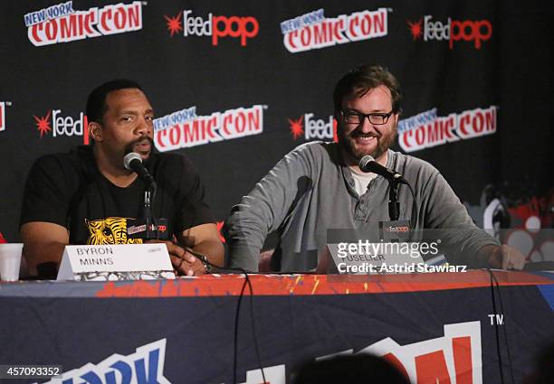 Byron Minns and Scott Fuselier attend The Adult Swim Black Dynamite panel during Adult Swim at New York Comic Con 2014 at Jacob Javitz Center on...
