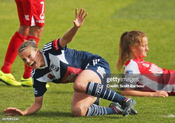 Amy Jackson of Melbourne celebrates after scoring a goal during the round five W-League match between Melbourne and Adelaide at Lakeside Stadium on...