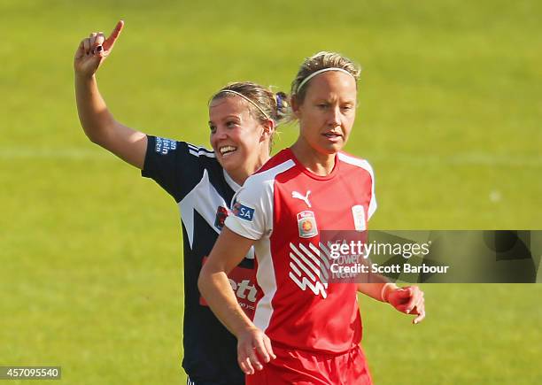 Amy Jackson of Melbourne celebrates after scoring a goal during the round five W-League match between Melbourne and Adelaide at Lakeside Stadium on...