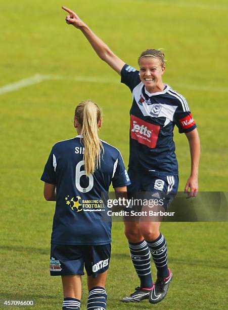 Amy Jackson of Melbourne celebrates after scoring a goal during the round five W-League match between Melbourne and Adelaide at Lakeside Stadium on...