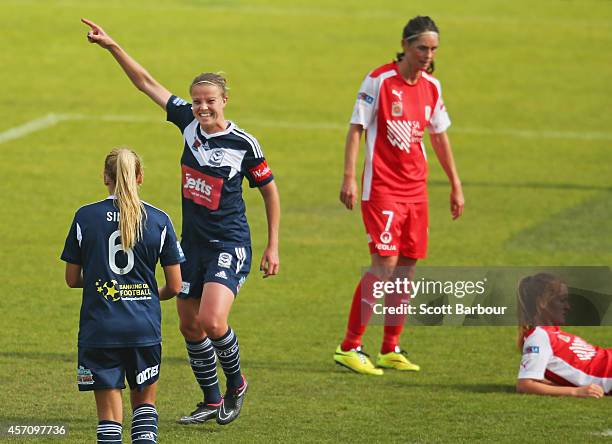 Amy Jackson of Melbourne celebrates after scoring a goal during the round five W-League match between Melbourne and Adelaide at Lakeside Stadium on...