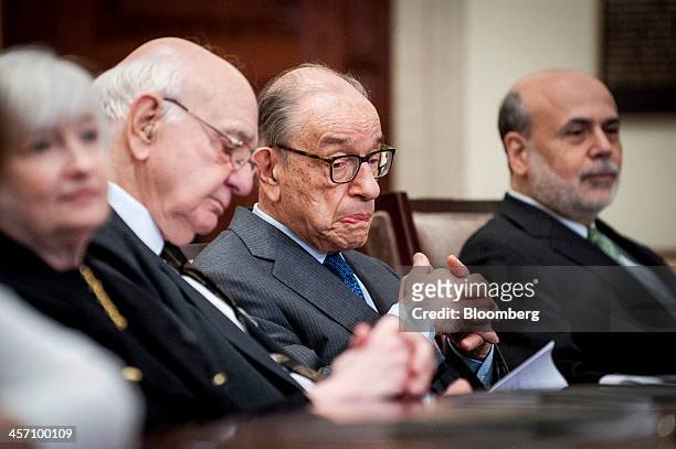 Janet Yellen, vice chairman of the U.S. Federal Reserve, from left, former Fed chairmen Paul Volcker and Alan Greenspan, and current Fed Chairman Ben...
