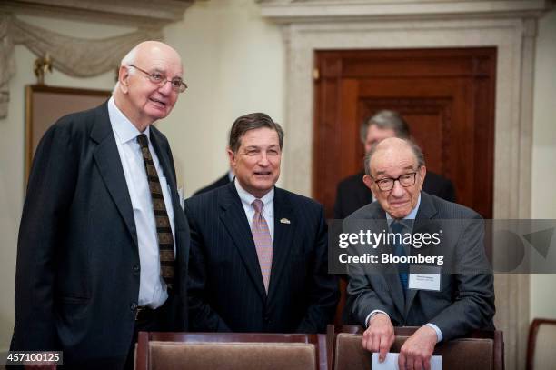 Jeffrey Lacker, president of the Federal Reserve Bank of Richmond, center, is flanked by former Federal Reserve Chairmen Paul Volcker, left, and Alan...