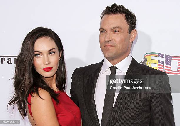 Actors Megan Fox and Brian Austin Green attend Ferrari's 60th Anniversary In The USA Gala at the Wallis Annenberg Center for the Performing Arts on...