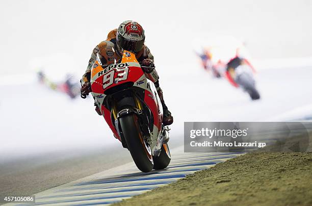 Marc Marquez of Spain and Repsol Honda Team heads down a straight during the MotoGP race during the MotoGP Of Japan - Race at Twin Ring Motegi on...